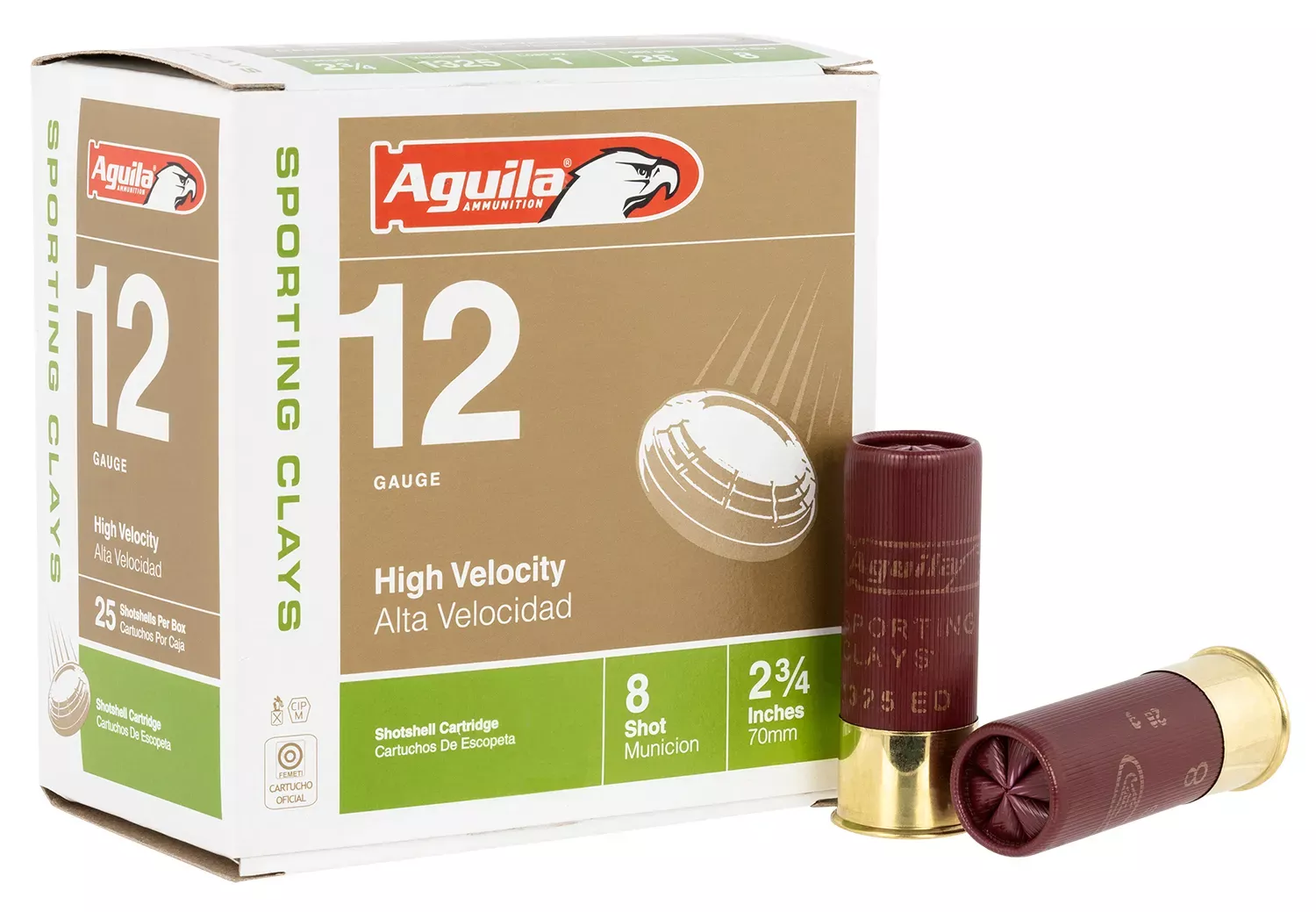 Aguila Sporting Clays High Velocity Shotshell 12ga 2-3/4″ 1.0 oz #8 Lead Shot 25 Shells Per Box