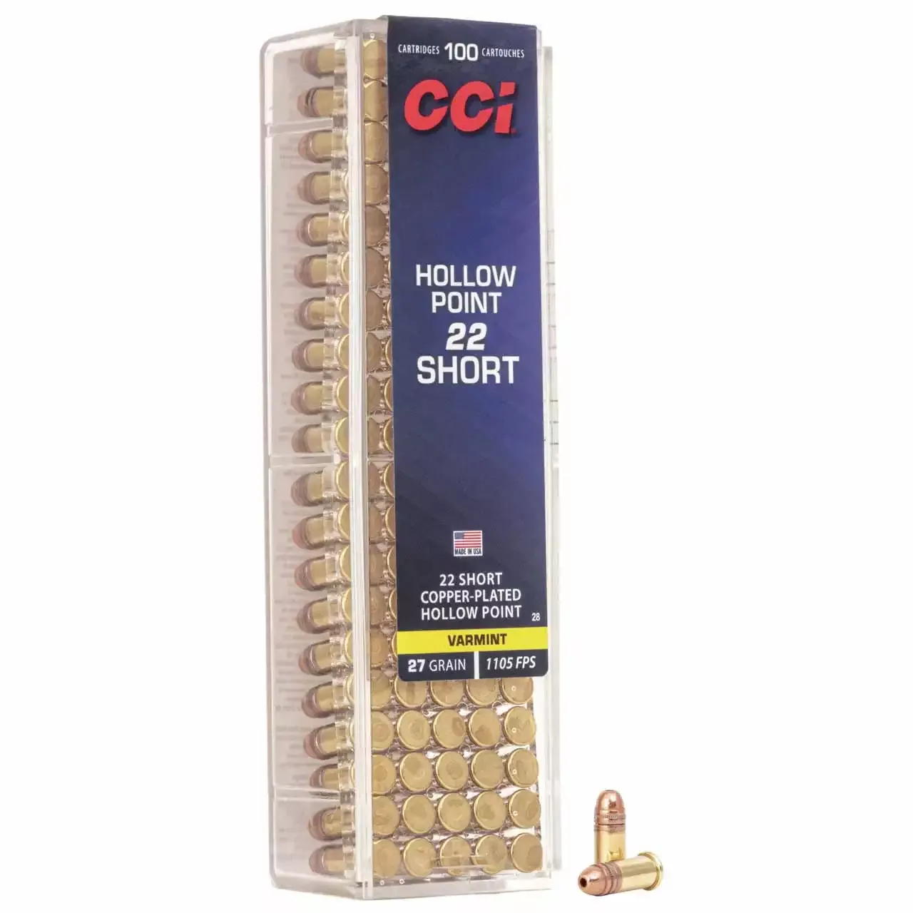CCI Varmint 22 Short 27 Gr. 1105 fps Copper Plated Hollow Point 100/Box