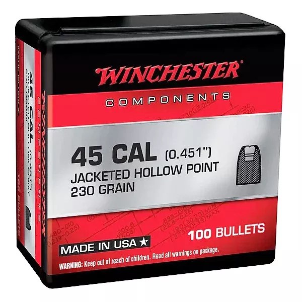 Winchester 45 Caliber (.451 Diameter) Bullets 230 grain Jacketed Hollow Point Box of 10